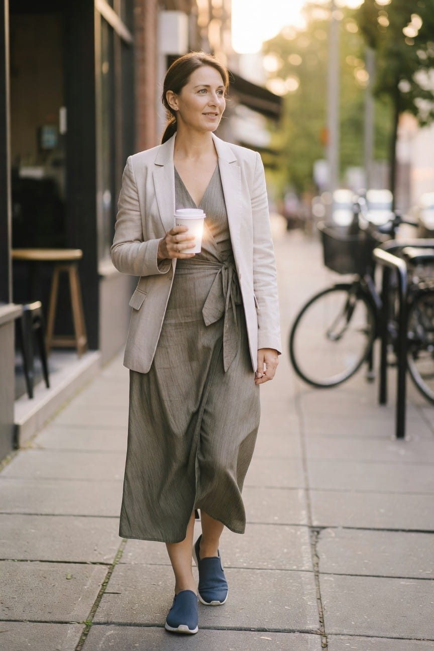 Woman in open beige blazer over greenish-gray wrap midi dress with belt, holding coffee cup, wearing blue knit sneakers, walking on sidewalk
