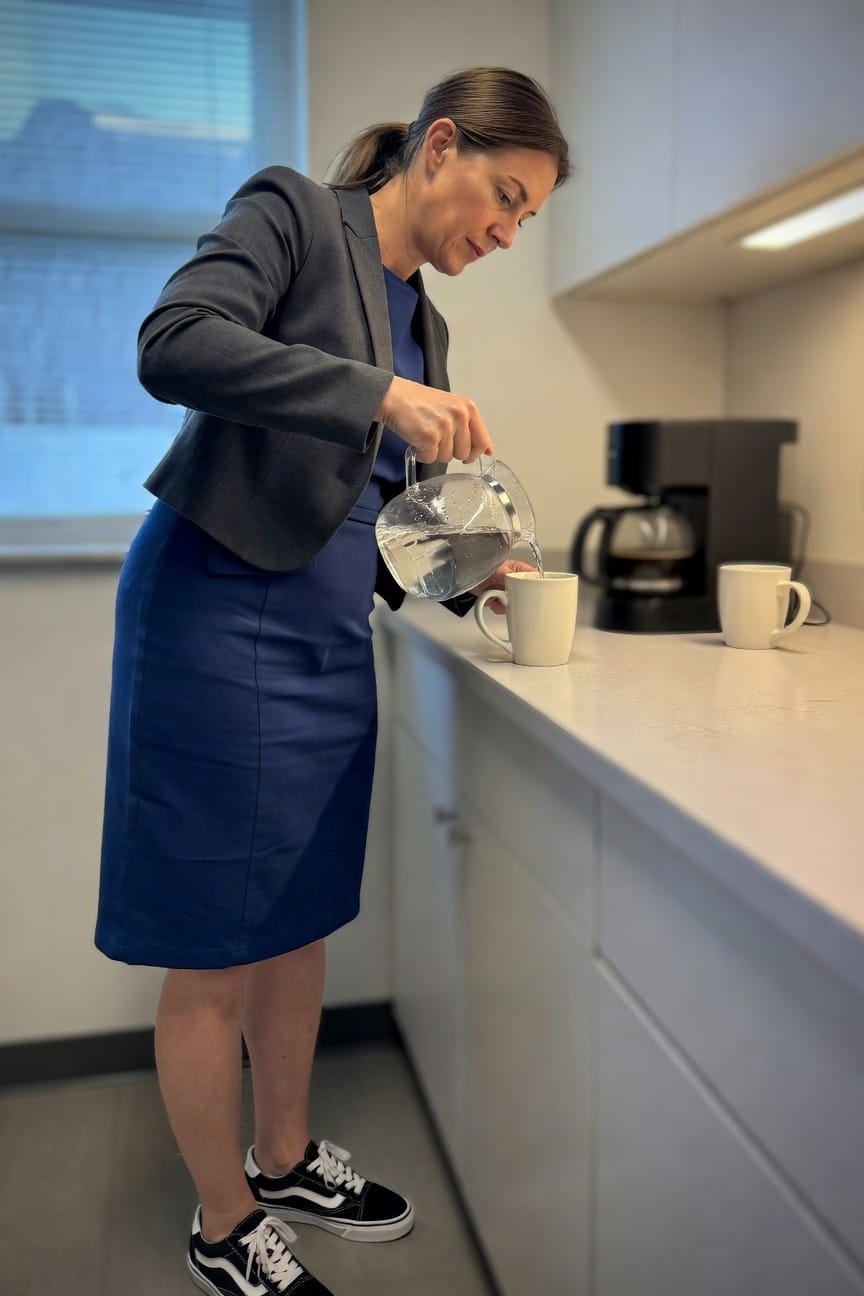 Woman in gray blazer over navy sheath dress and white Vans sneakers, pouring water from kettle into two mugs on kitchen counter near coffee maker
