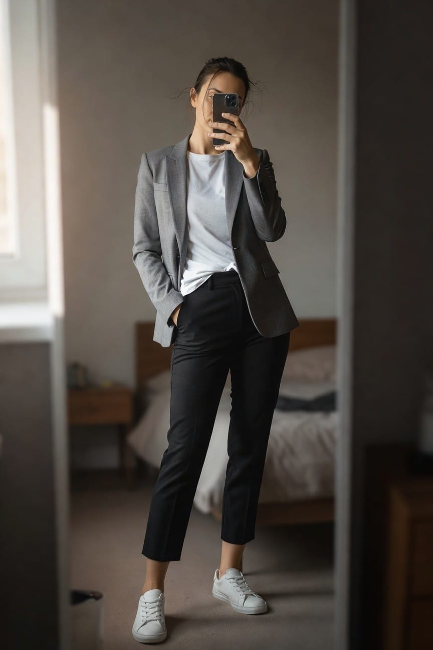 Woman taking mirror selfie in gray blazer over white t-shirt, black ankle-length pants, and white sneakers, hand in pocket, bedroom background