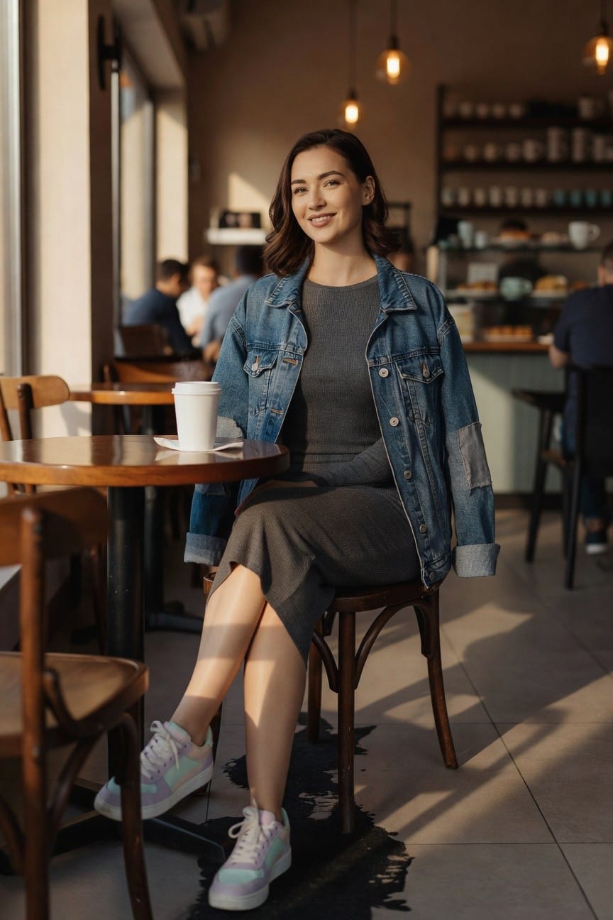 Woman seated at wooden table holding white coffee cup, dressed in gray midi dress layered with oversized light-wash denim jacket featuring elbow patches, and chunky pastel pink and lavender sneakers with white accents