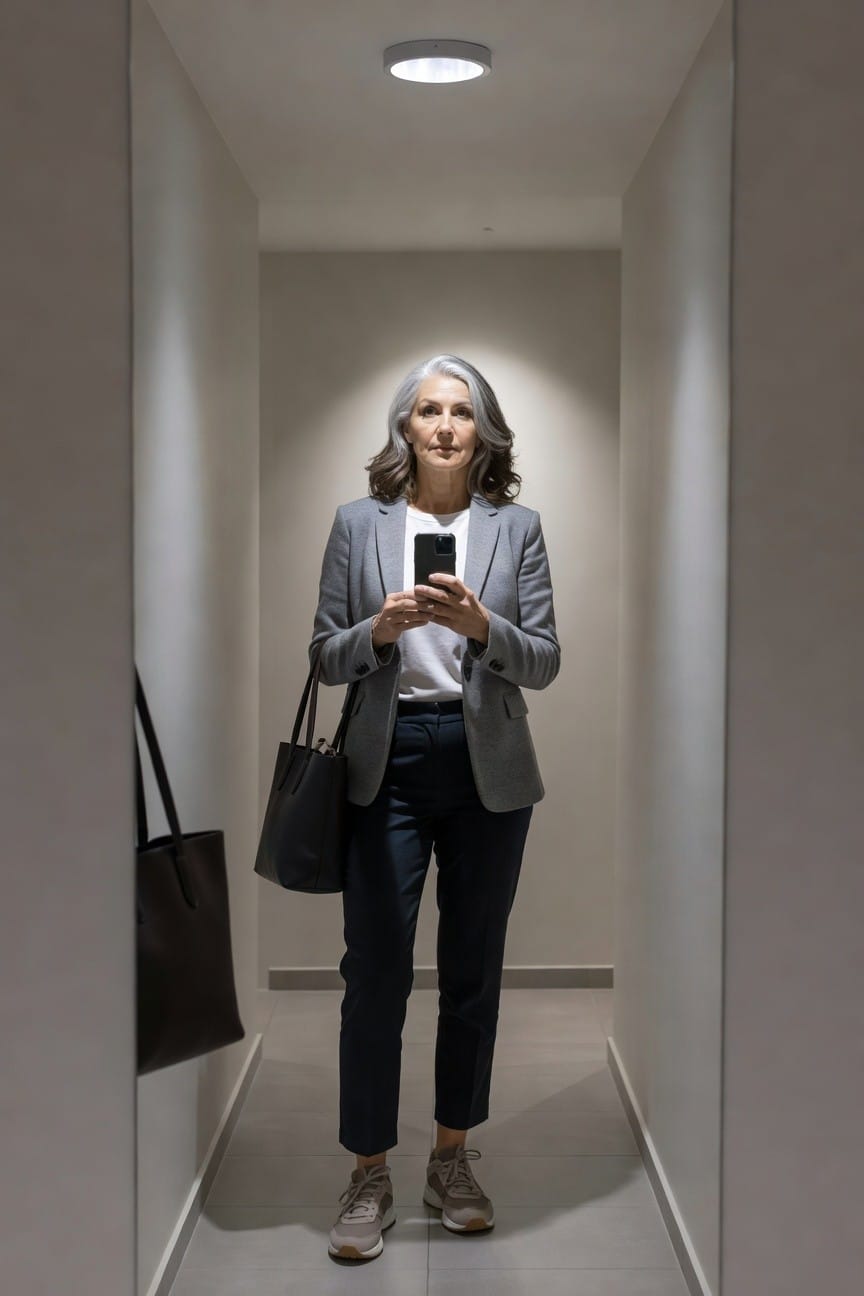 Silver-haired woman in her 50s standing in a narrow hallway, wearing a gray tailored blazer over a white t-shirt, navy cropped pants, gray sneakers, holding a smartphone in one hand and a black leather tote bag in the other, looking at her phone with a slight smile