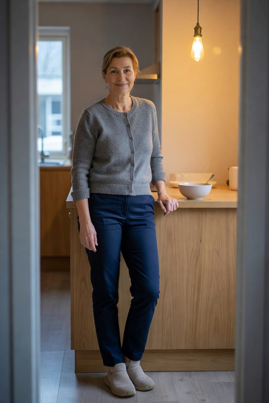 Woman in her 50s standing in a modern kitchen, wearing a light gray knit cardigan over navy chinos and beige fuzzy slippers, leaning casually on a wooden countertop with white bowls nearby