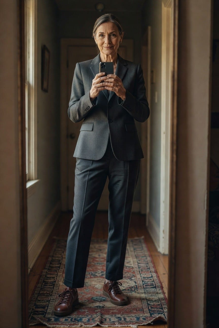 Woman in her 50s with gray hair wearing a tailored charcoal gray pantsuit, holding an iPhone for a selfie in a hallway, finished with brown laced leather sneakers on a patterned rug