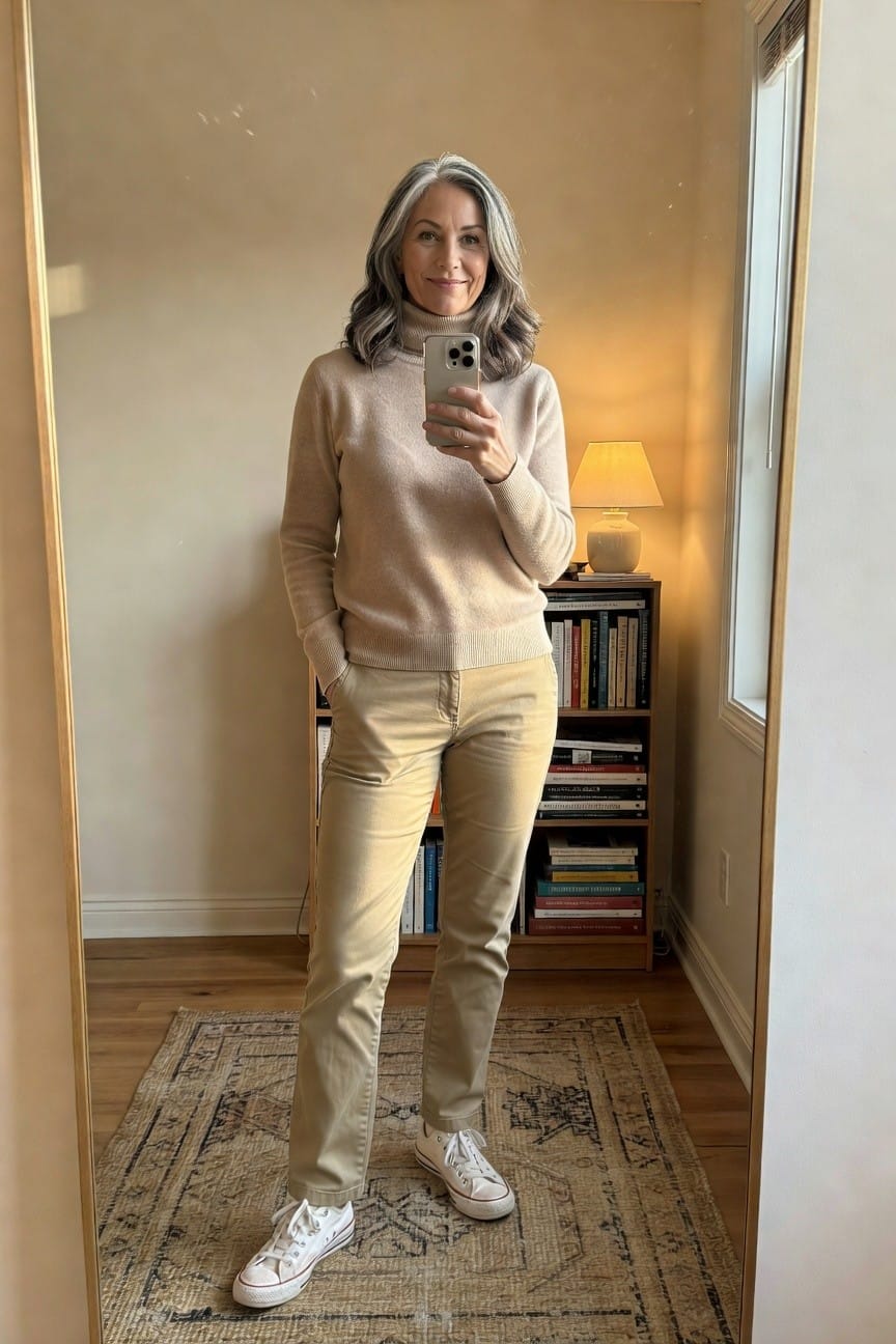 Woman with silver-streaked hair in selfie mirror shot wearing beige turtleneck sweater, khaki chinos, and white low-top sneakers, hands in pockets, standing on patterned rug near bookshelves