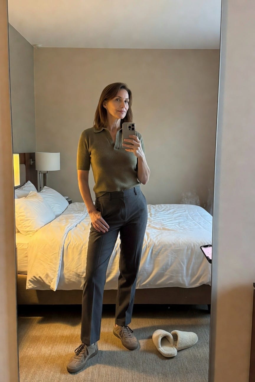 Woman taking mirror selfie in hotel room wearing short-sleeve olive green knit polo sweater, high-waisted gray tailored trousers, and gray chunky sneakers, one hand on hip, white hotel slippers on floor nearby