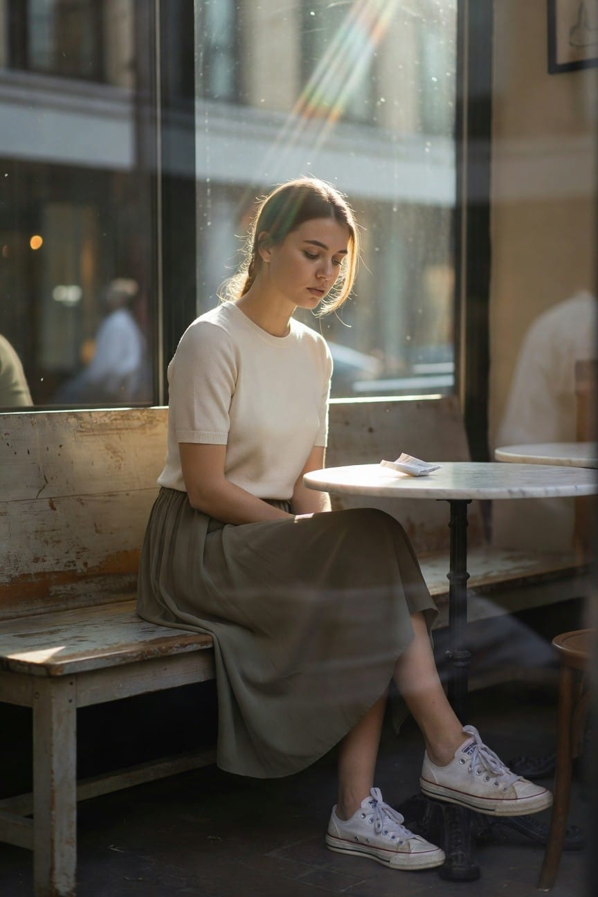 Woman in cream short-sleeve knit top, gray flowy midi skirt, and white laced sneakers, seated with hands folded and skirt draping over bench edge