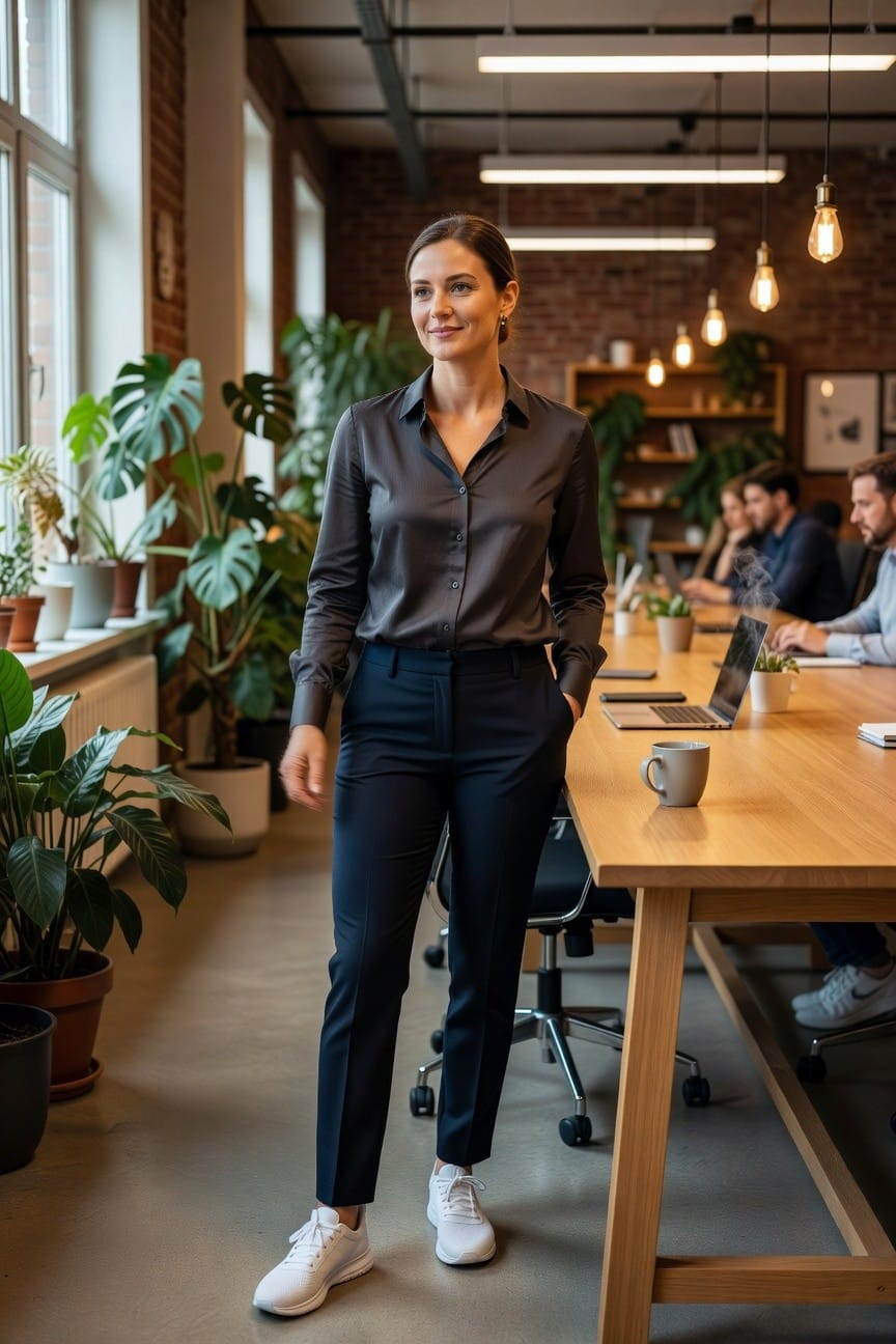 Woman standing confidently in a modern office wearing a charcoal satin long-sleeve blouse tucked into slim navy trousers with hands in pockets, white chunky sneakers on feet, wooden table and plants in background
