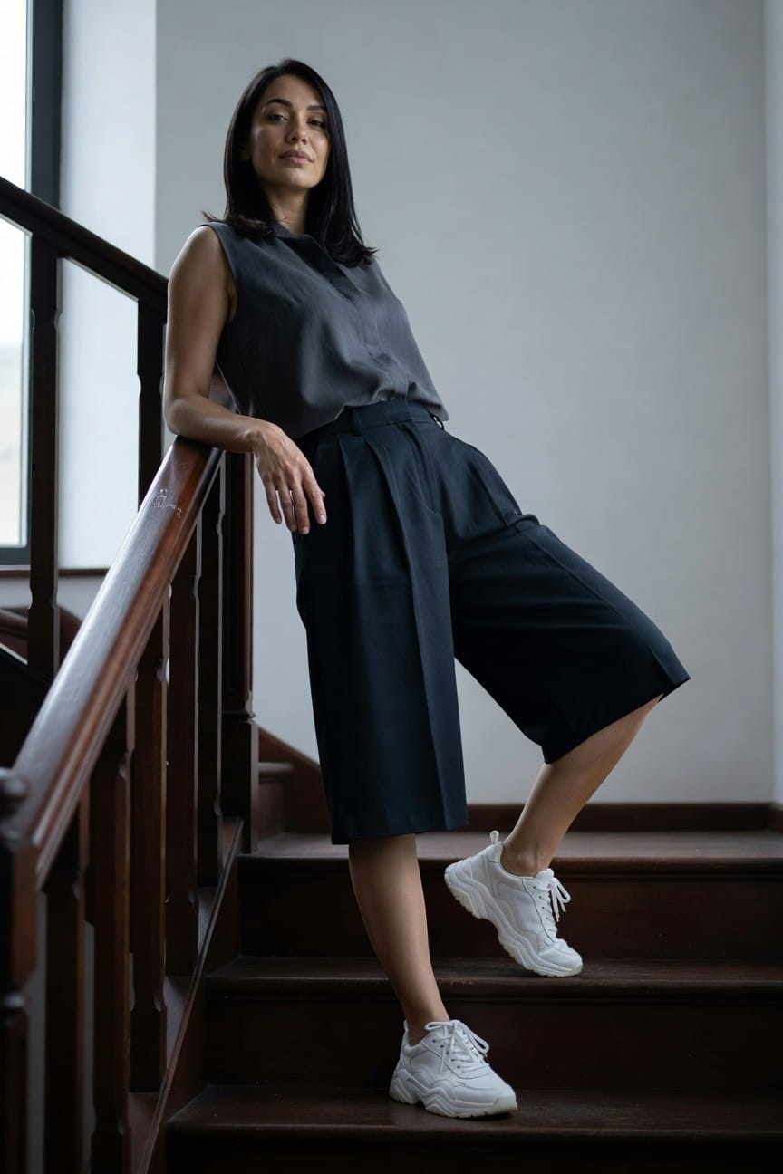 Woman leaning casually on wooden staircase railing indoors, dressed in sleeveless gray collar top, navy pleated wide-leg culottes, and white chunky platform sneakers, one leg bent relaxedly.