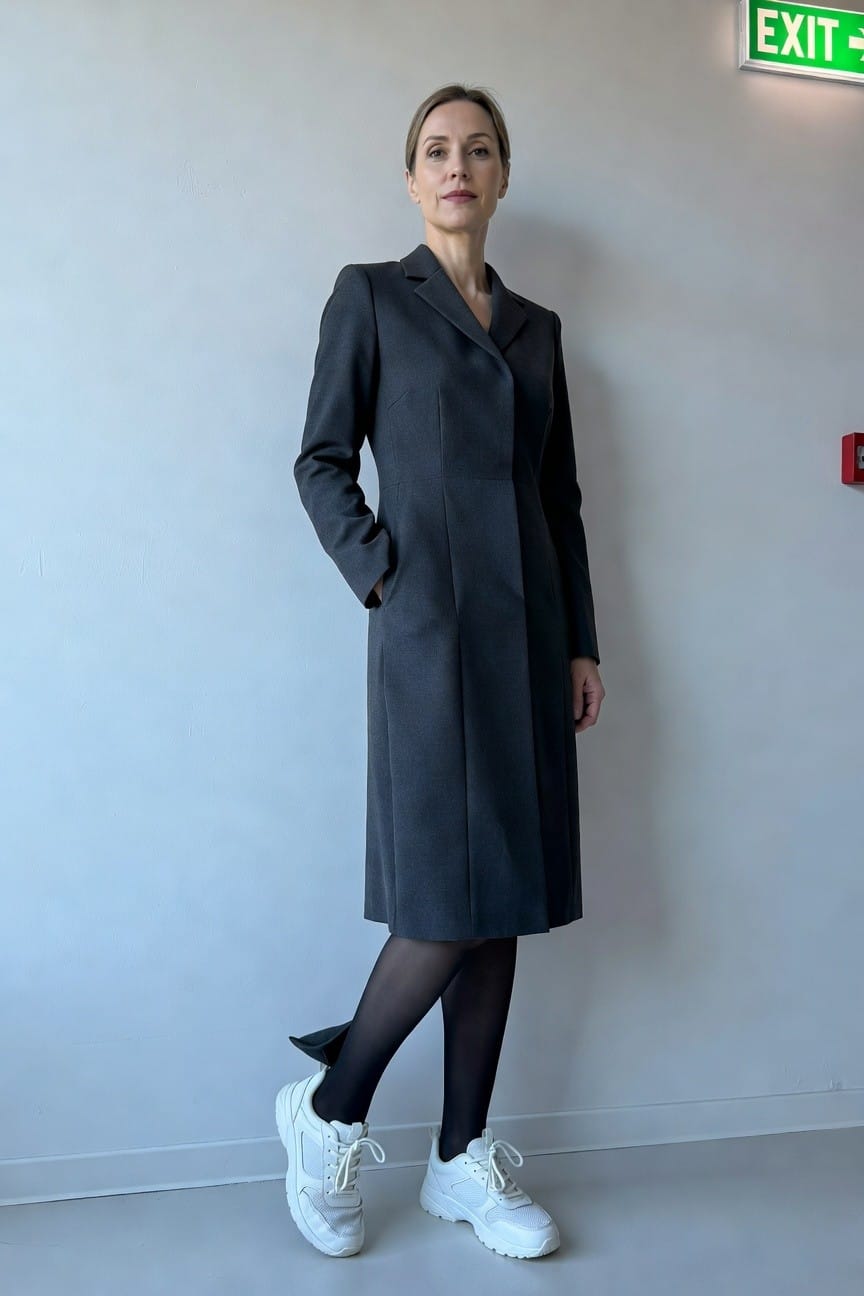 Woman standing confidently in a long tailored gray coat over black skirt and tights, paired with white chunky sneakers, in a modern office hallway with exit sign above.