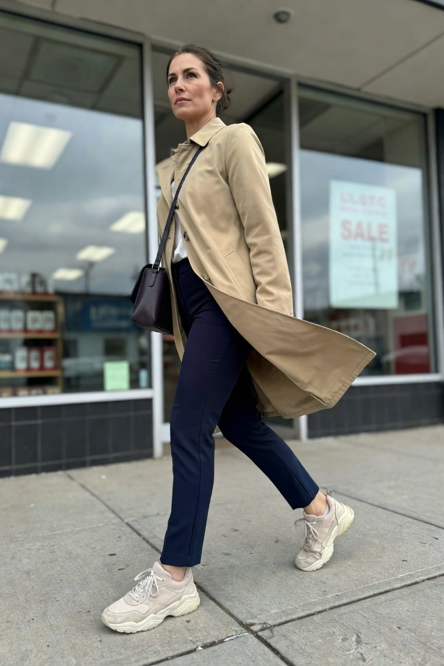 Woman in open beige trench coat over white collared shirt and slim navy pants, chunky off-white sneakers, maroon crossbody bag, walking on sidewalk outside storefront