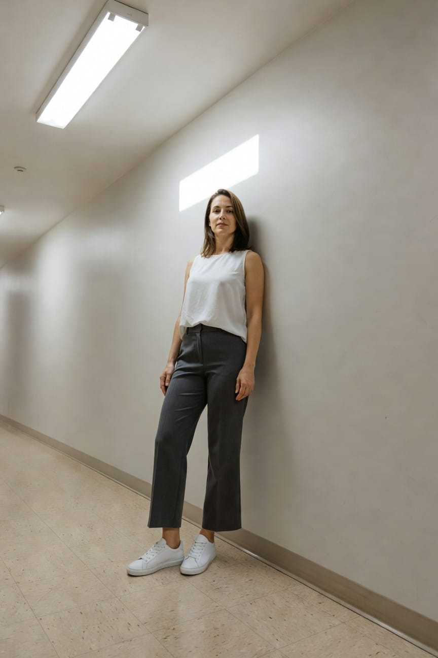 Woman leaning against a beige hallway wall wearing a white sleeveless tank top, wide-leg gray trousers cropped at the ankle, and white sneakers, posed casually with hands in pockets