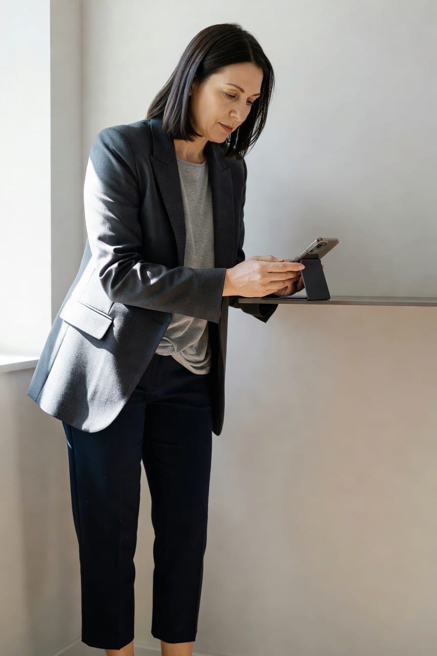 Professional woman in tailored charcoal blazer over light gray t-shirt and cropped navy pants, standing by a windowsill while holding a phone on a stand