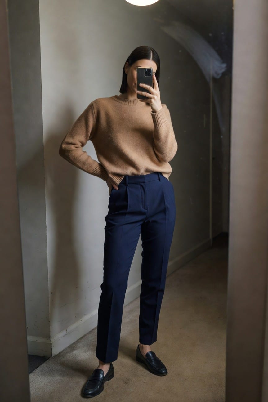 Woman taking mirror selfie in oversized camel knit crewneck sweater, navy pleated tailored trousers, and black leather loafers, standing confidently with hands on hips