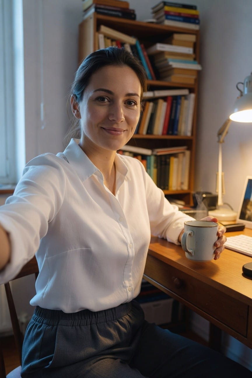 Woman taking a selfie in a semi-sheer white long-sleeved button-up blouse and relaxed gray trousers with elastic waist, seated at a wooden desk holding a light blue ceramic mug, laptop and lamp nearby