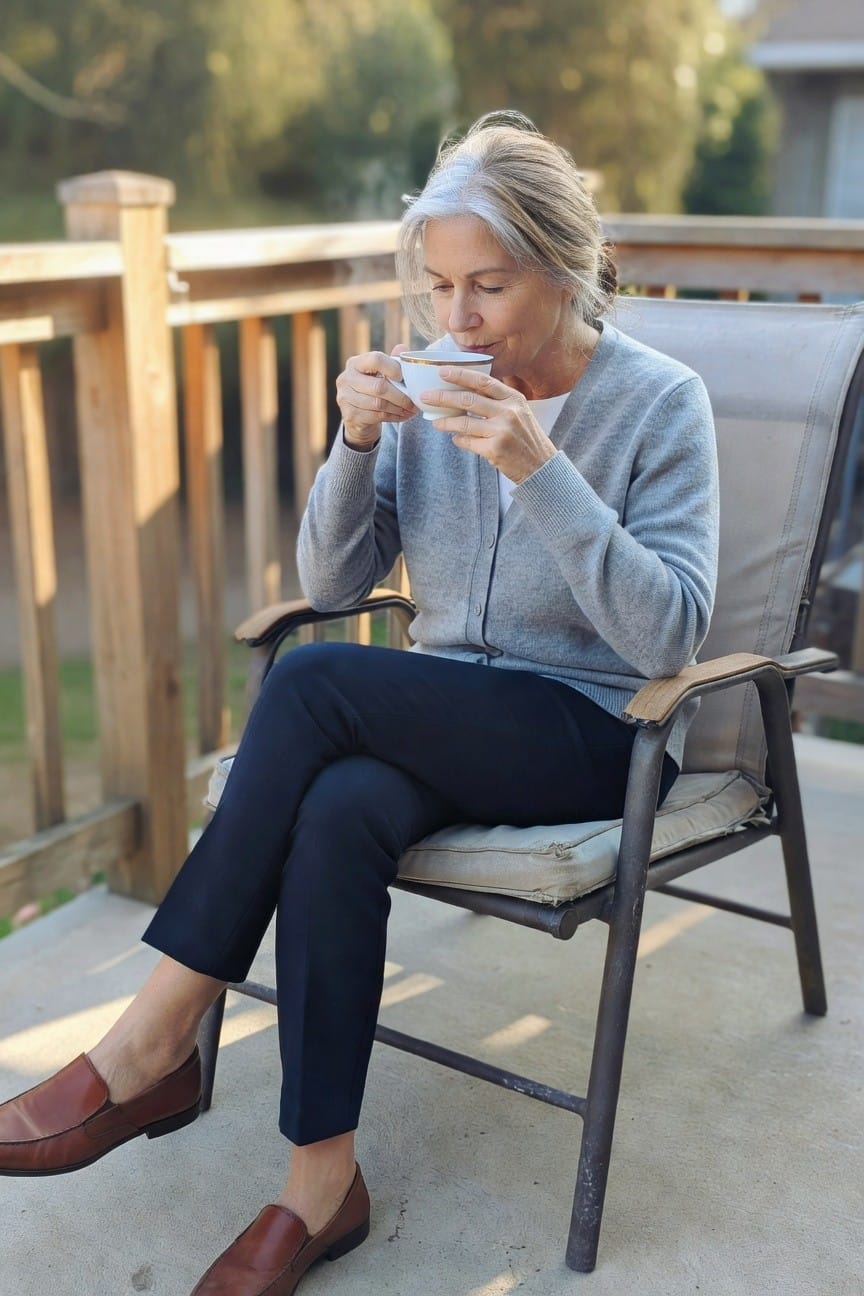 Older woman with silver-blonde hair seated outdoors in a light gray open-knit cardigan over white top, navy ankle pants, and brown leather loafers, holding a white teacup