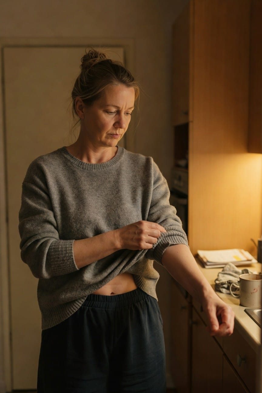 Woman standing in kitchen wearing a light gray crewneck knit sweater slightly lifted to show midriff, navy wide-leg lounge pants, messy bun hairstyle, adjusting her sleeve over the counter with a mug nearby