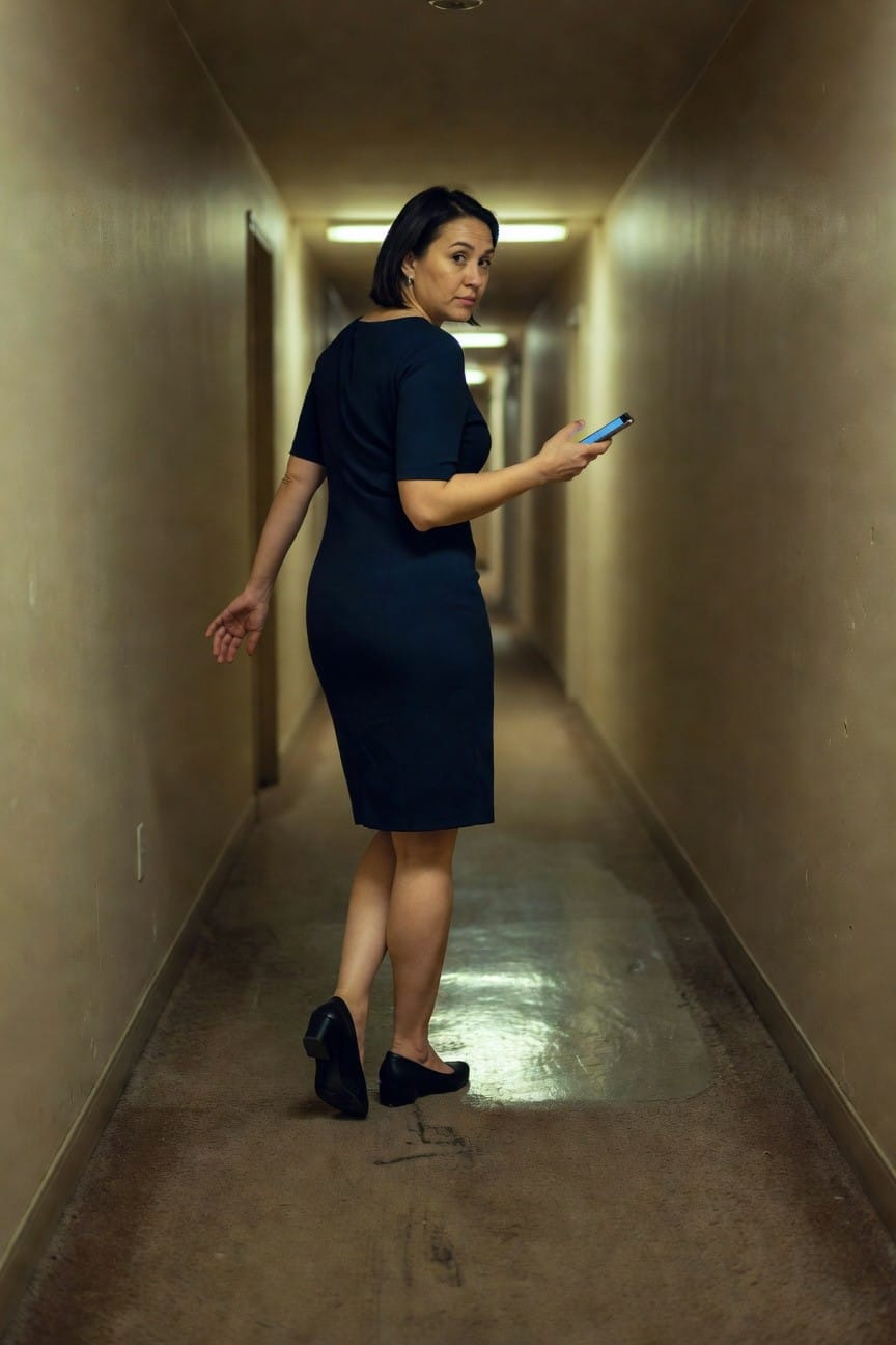 Rear view of woman in fitted navy blue sheath dress with short sleeves and black loafers walking down indoor hallway, glancing back while holding a blue smartphone in one hand