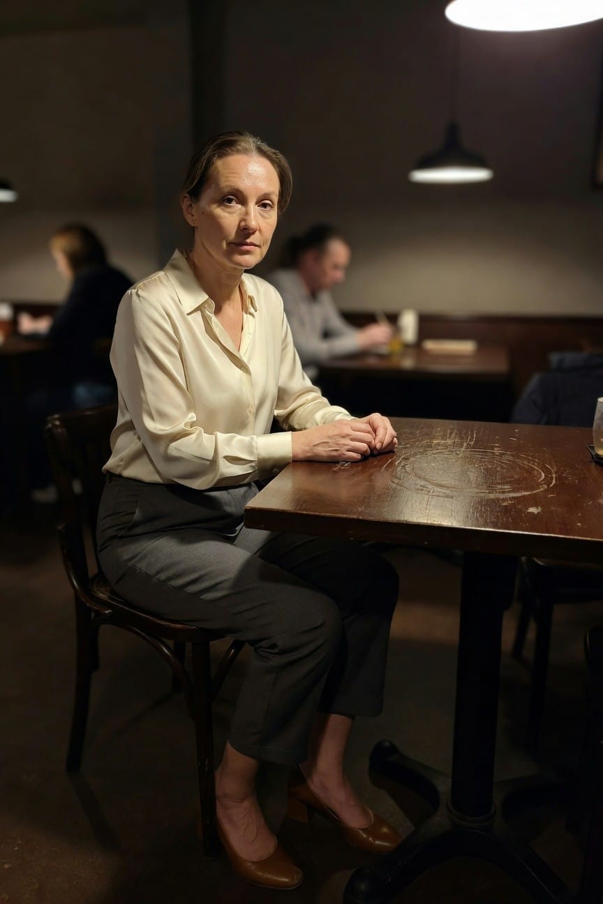 Woman seated at table in cream silk blouse with open collar and cuffed sleeves, gray straight-leg trousers, and tan low pumps, hands folded on wooden surface