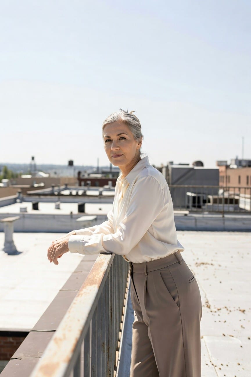 Silver-haired woman in a white long-sleeve blouse and beige wide-leg pleated trousers, leaning on a rooftop railing with cityscape in background