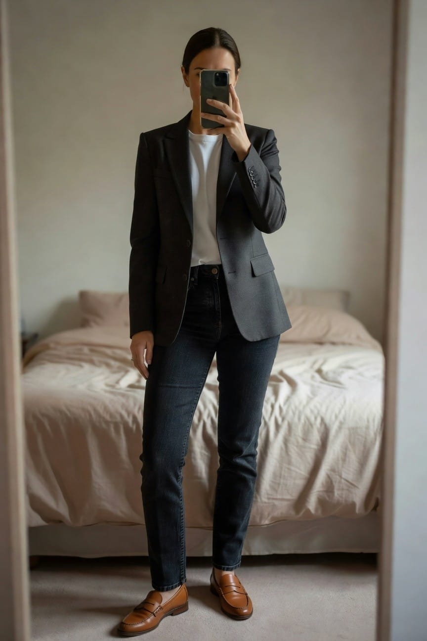 Woman taking mirror selfie in tailored charcoal blazer over white t-shirt tucked into dark straight-leg jeans and brown penny loafers, standing in bedroom
