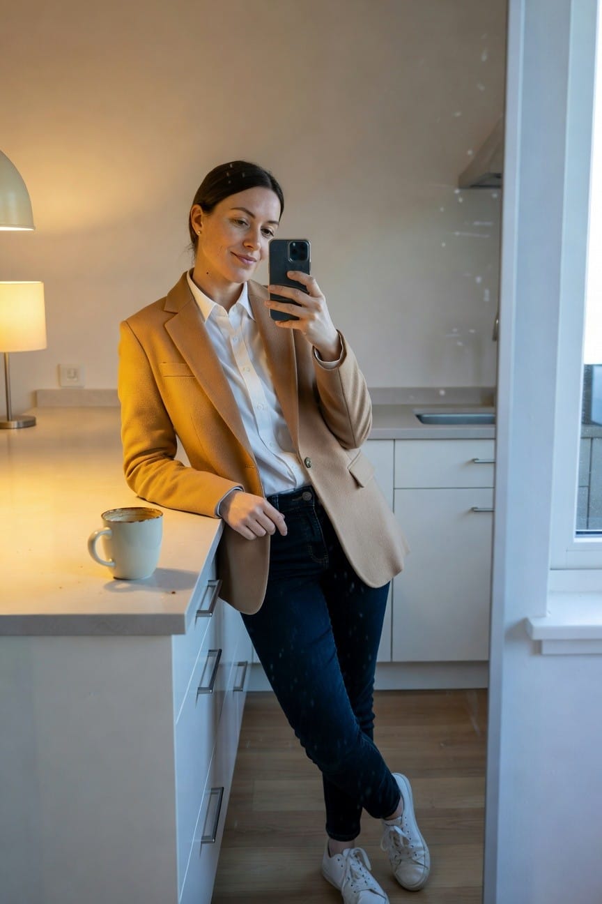 Woman taking a selfie in a camel blazer over white button-up shirt, dark blue jeans, and white sneakers, leaning on kitchen counter holding a white mug with coffee