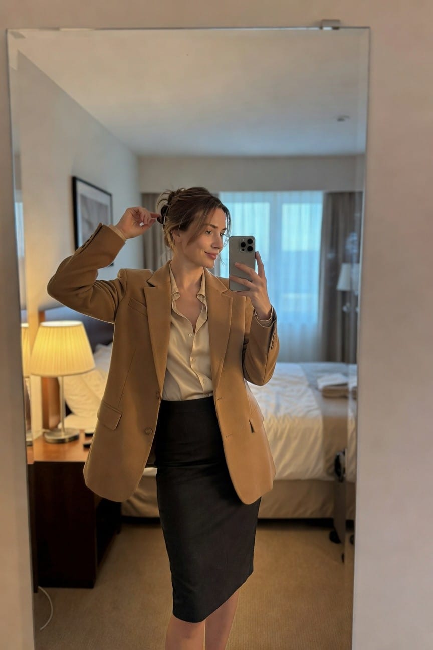 Woman taking mirror selfie in hotel room wearing camel blazer over white blouse and black pencil skirt, hair in messy bun, holding iPhone, bed and lamp in background