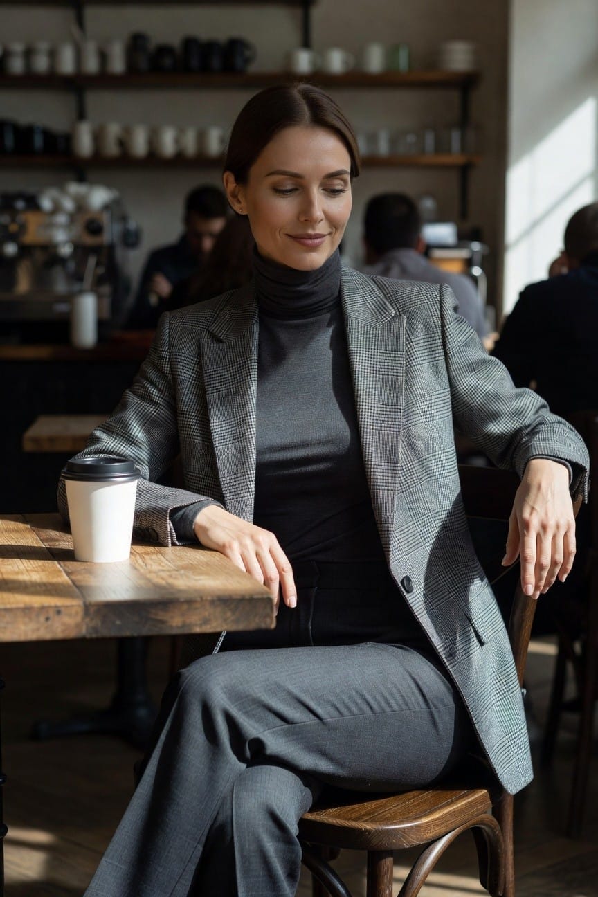 Woman sitting at wooden cafe table holding white coffee cup, wearing gray checkered blazer over black turtleneck and gray wide-leg trousers, professional work outfit in cozy coffee shop setting
