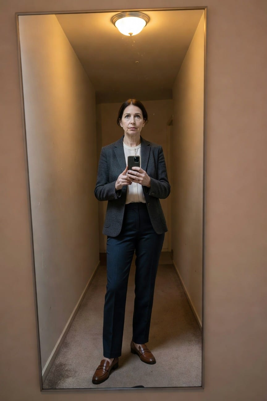 Woman in a charcoal gray blazer, white blouse, navy trousers, and brown loafers, holding a phone and standing in front of a full-length mirror in a hallway.