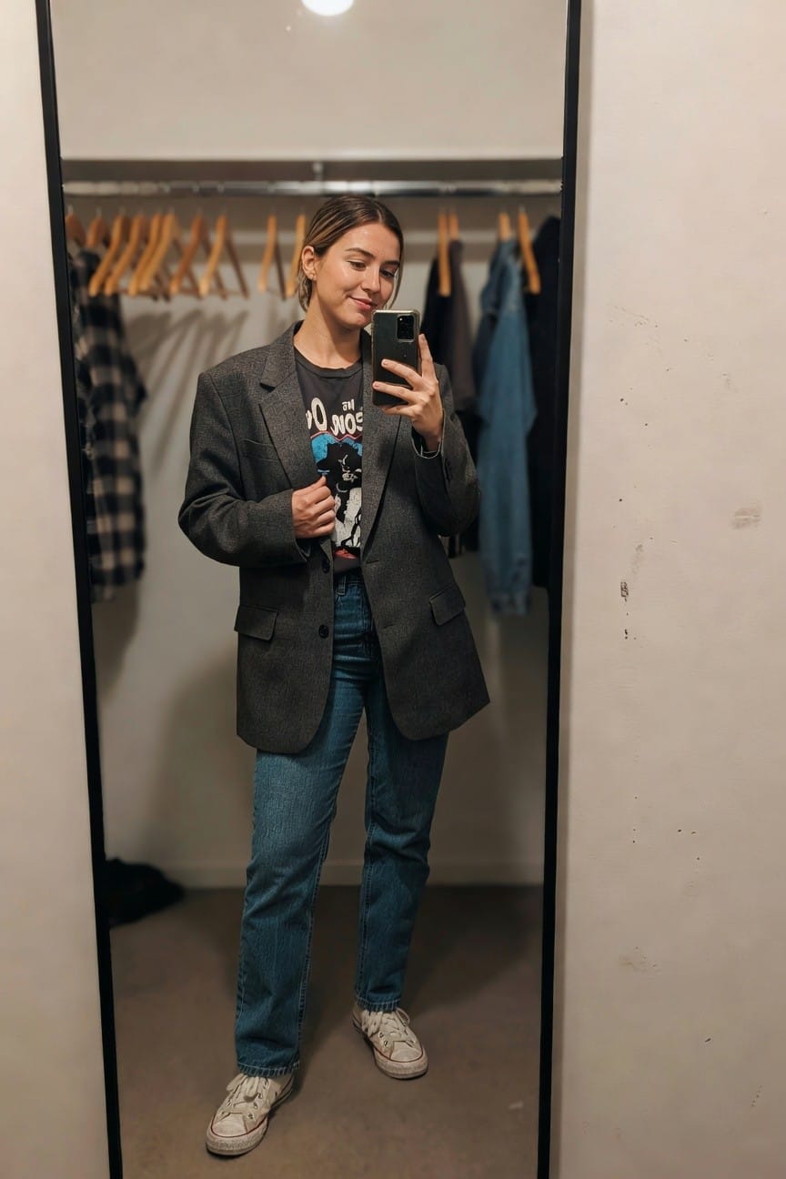 Woman taking mirror selfie in walk-in closet wearing oversized charcoal gray blazer over black Joy Division graphic t-shirt, high-waisted straight-leg blue jeans, and white Converse sneakers