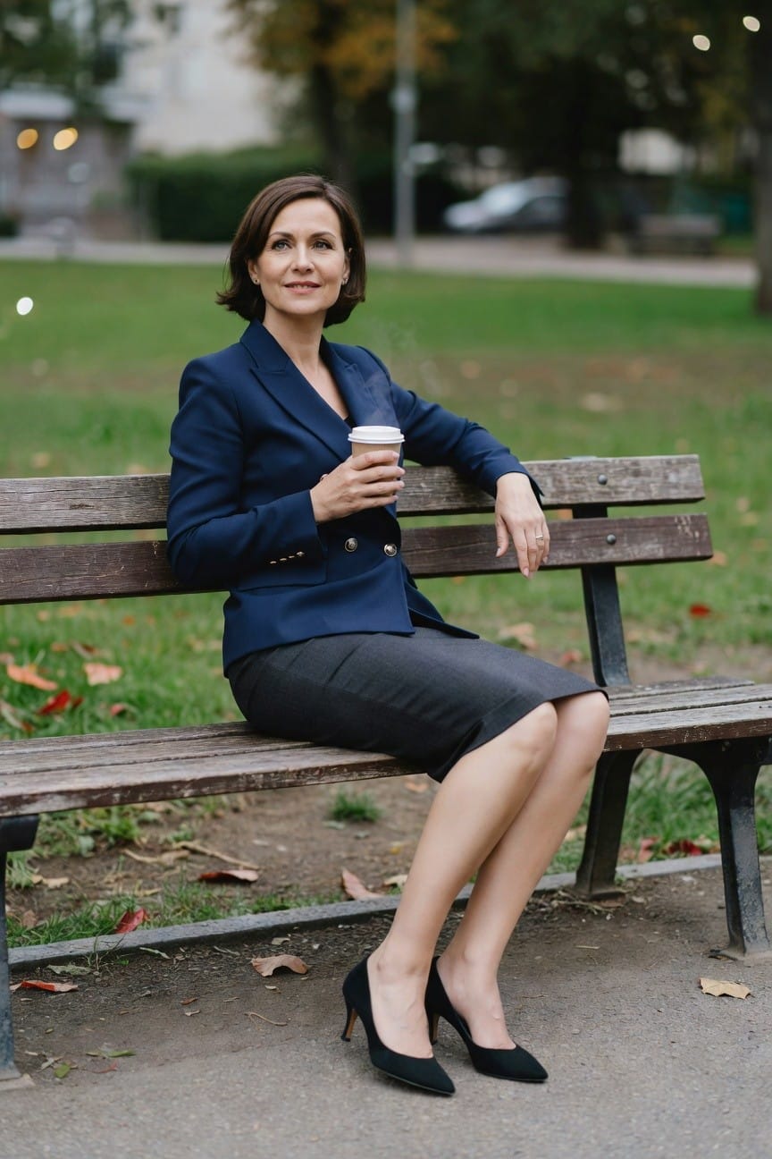 Woman sitting on wooden bench in navy double-breasted blazer over white top, gray pencil skirt, black high heels, holding paper coffee cup, short brown hair, park setting