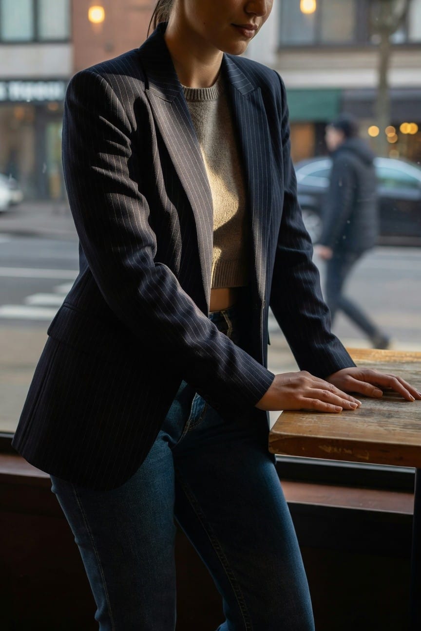 Side profile of a woman in a navy pinstripe blazer over a cropped gray sweater and high-waisted blue jeans, hands resting on a wooden table inside near a window