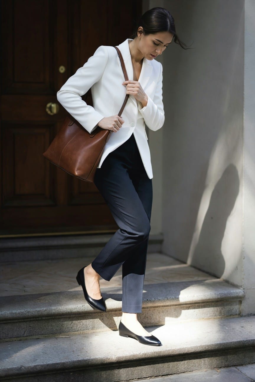 Woman in tailored white blazer, slim black trousers, tan leather tote bag, and black pointy flats, stepping down concrete stairs outside a wooden door
