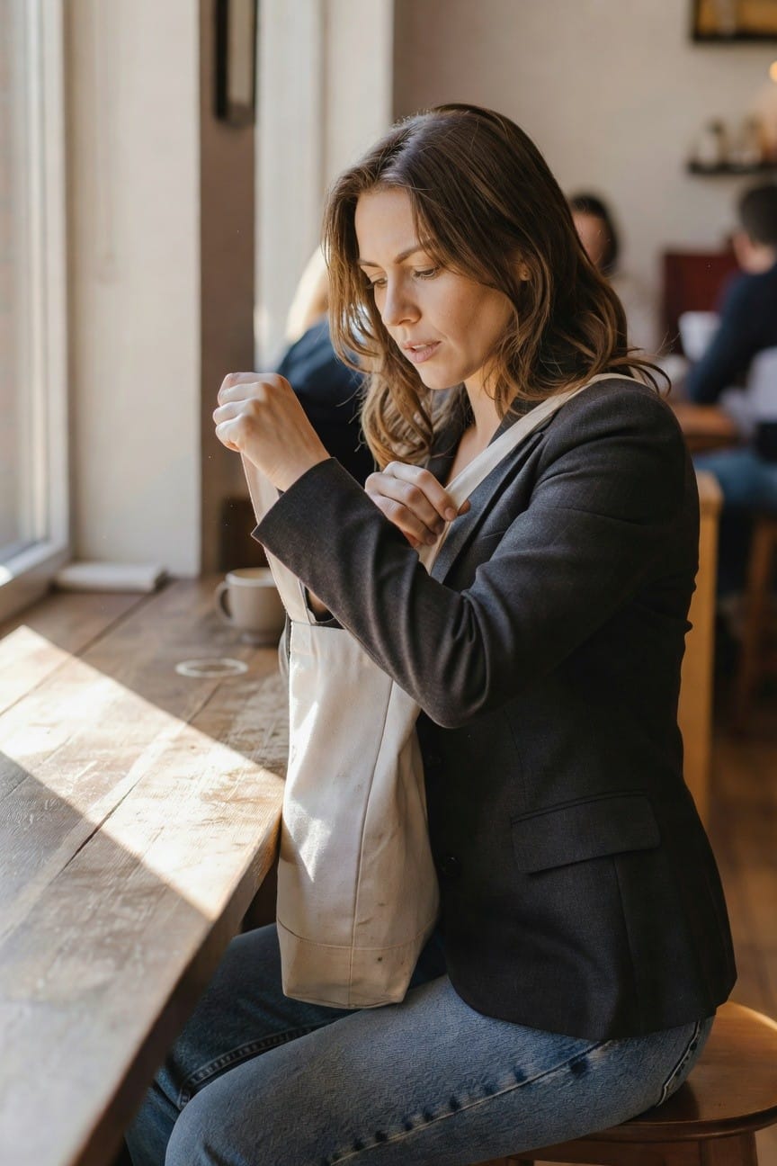 Woman wearing charcoal gray blazer over blue straight-leg jeans, holding white canvas tote bag on shoulder while seated on wooden stool at table