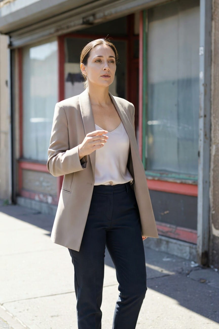 Woman in open tan blazer over cream silk camisole and slim navy trousers, standing on urban sidewalk, side profile view