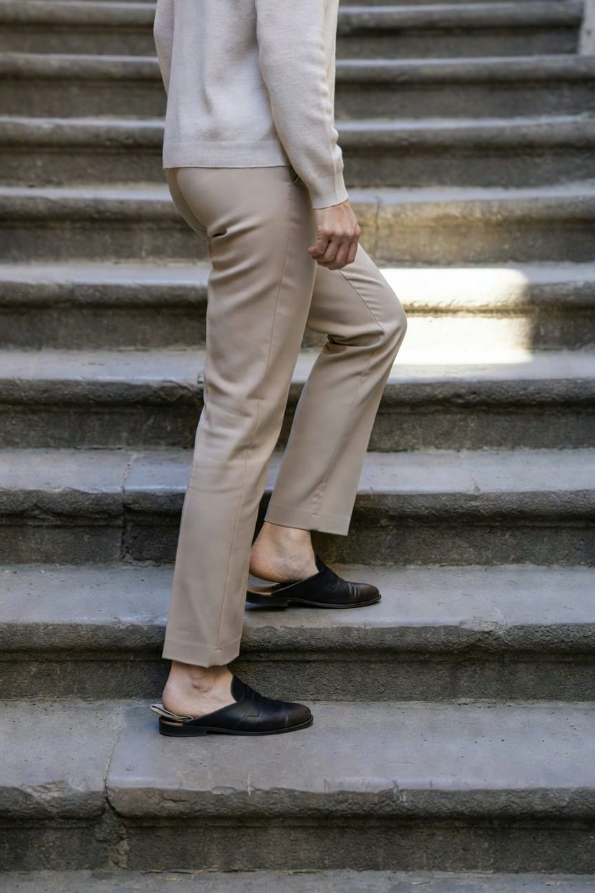 Side view of a woman ascending stone stairs in a cream knit sweater, beige slim trousers, and black backless loafers with bare heels visible, neutral work outfit