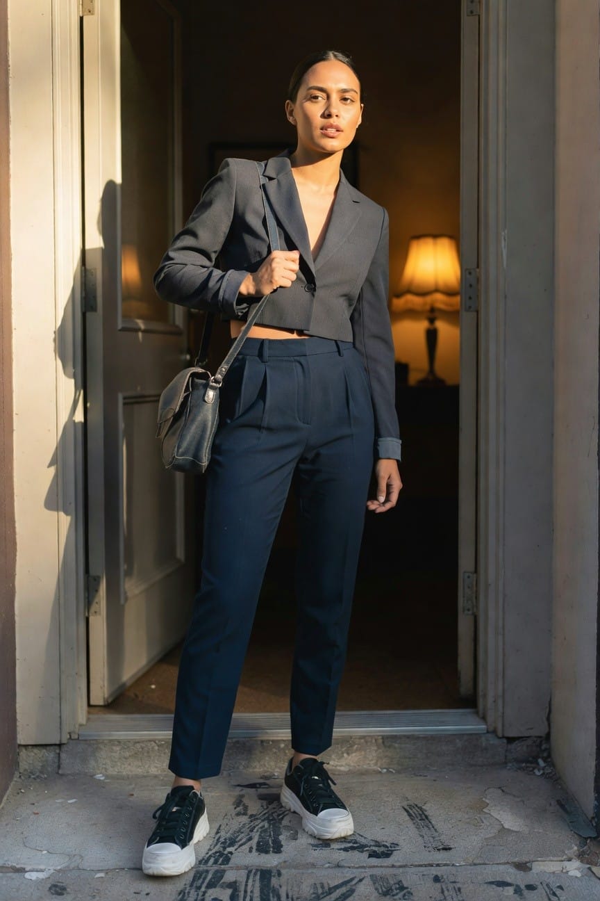 Woman standing in doorway wearing cropped gray blazer, navy pleated trousers, black crossbody bag, and black chunky sneakers with white soles
