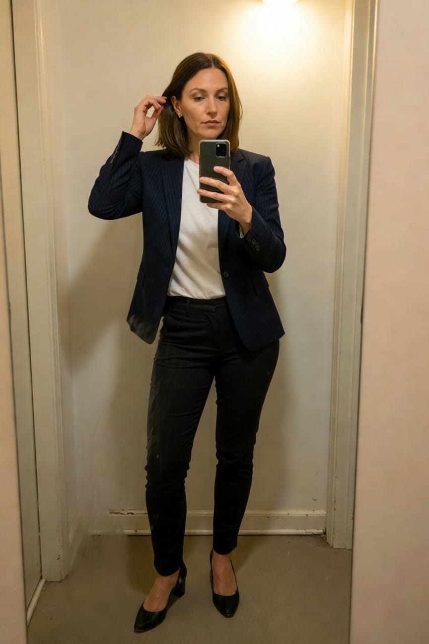 Woman taking a mirror selfie in a navy pinstripe blazer over white t-shirt, black slim pants, and black block-heel pumps, adjusting her bob haircut in a fitting room