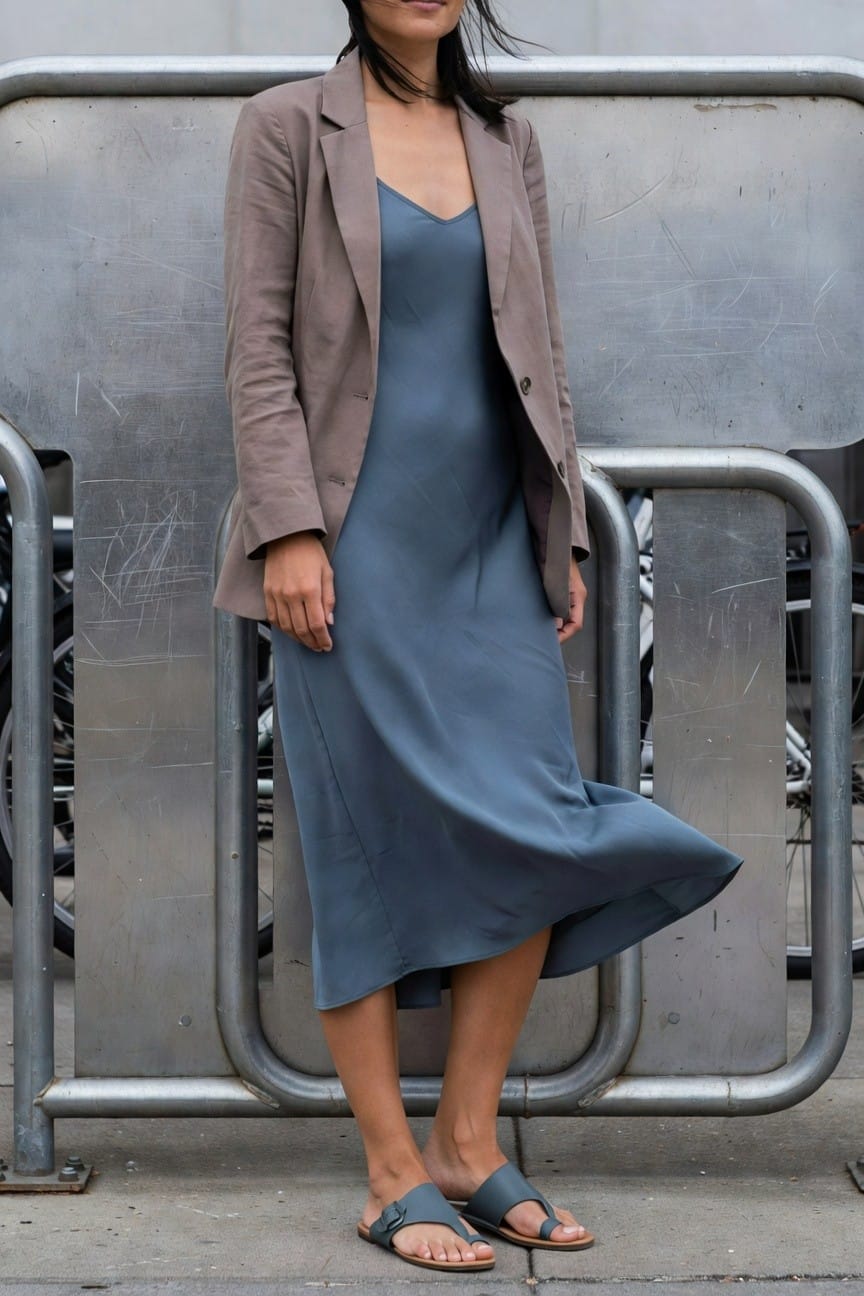 Woman wearing open beige linen blazer over deep blue satin slip dress with matching blue flat sandals, standing casually by metal bike racks