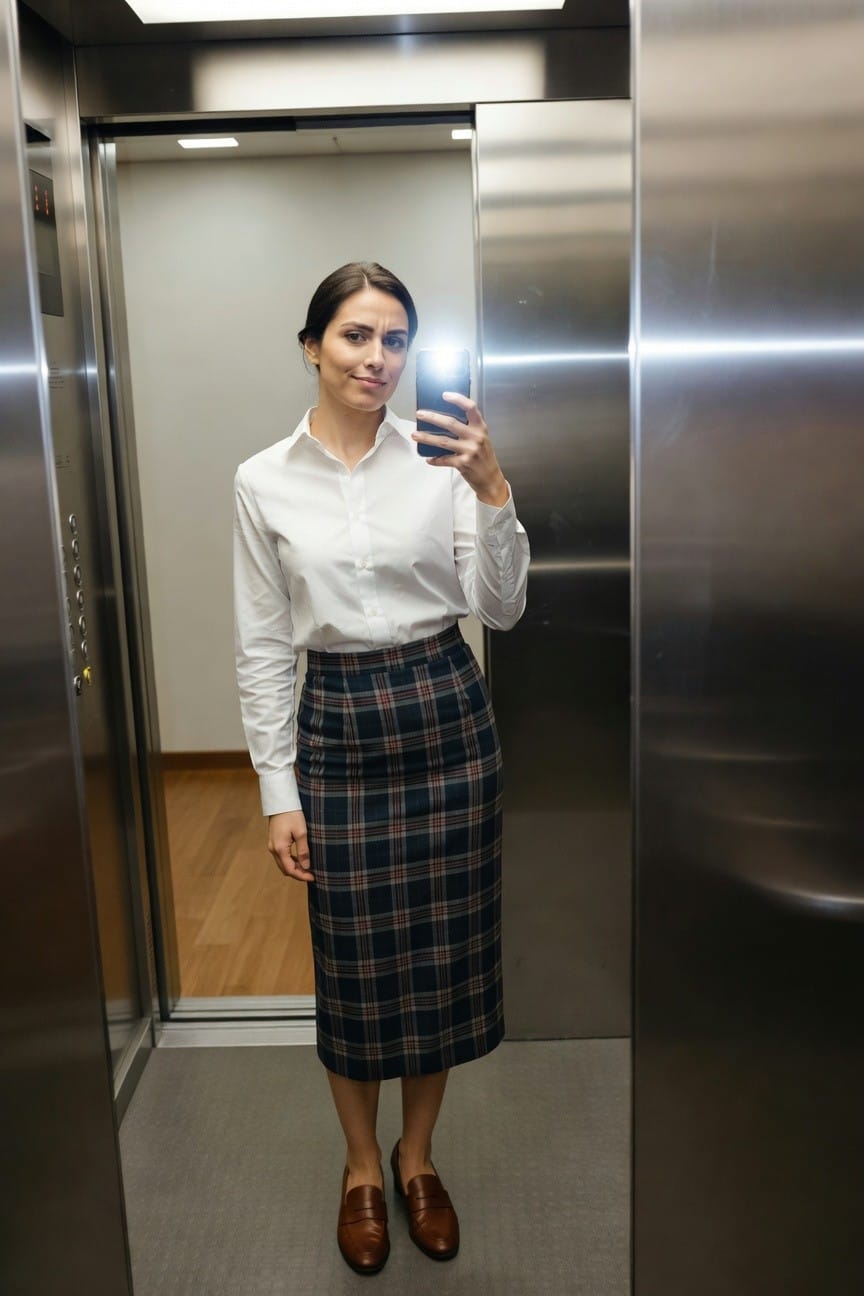 Woman taking mirror selfie in elevator wearing white long-sleeve button-down shirt tucked into navy red and black plaid midi skirt with brown leather loafers polished work outfit