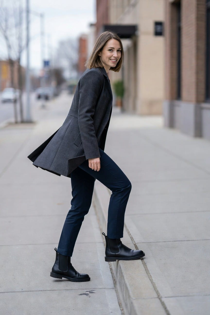 Side profile of a smiling woman with bob haircut wearing a long gray wool coat over slim navy pants and black leather chelsea boots, mid-step ascending a low curb on a sidewalk