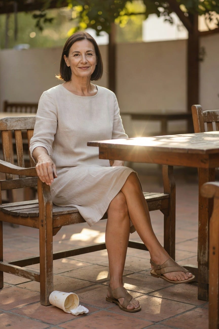 Woman over 50 wearing a light beige linen shift dress with crew neck and elbow-length sleeves, seated with legs crossed, tan strappy sandals on feet, thin bracelet on wrist, at a wooden table