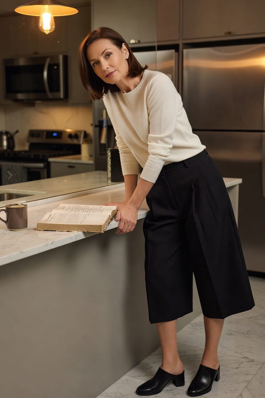 Woman over 50 leaning on kitchen counter in cream long-sleeve cashmere sweater, black pleated wide-leg cropped trousers, and black chunky mule heels, holding open cookbook next to a mug