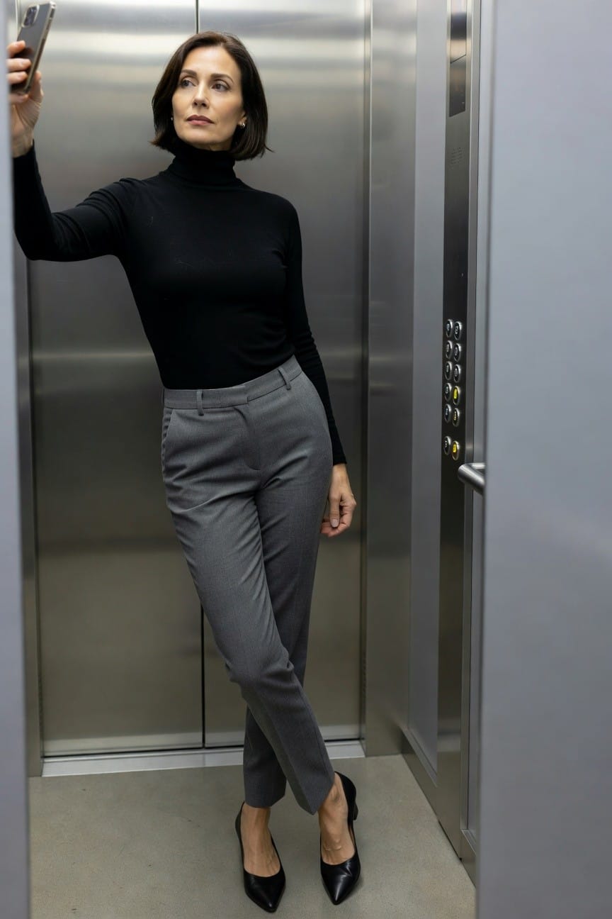 Mature woman in elevator taking selfie, wearing fitted black long-sleeve turtleneck, slim gray tailored trousers, and black pointed-toe heels, leaning casually against wall