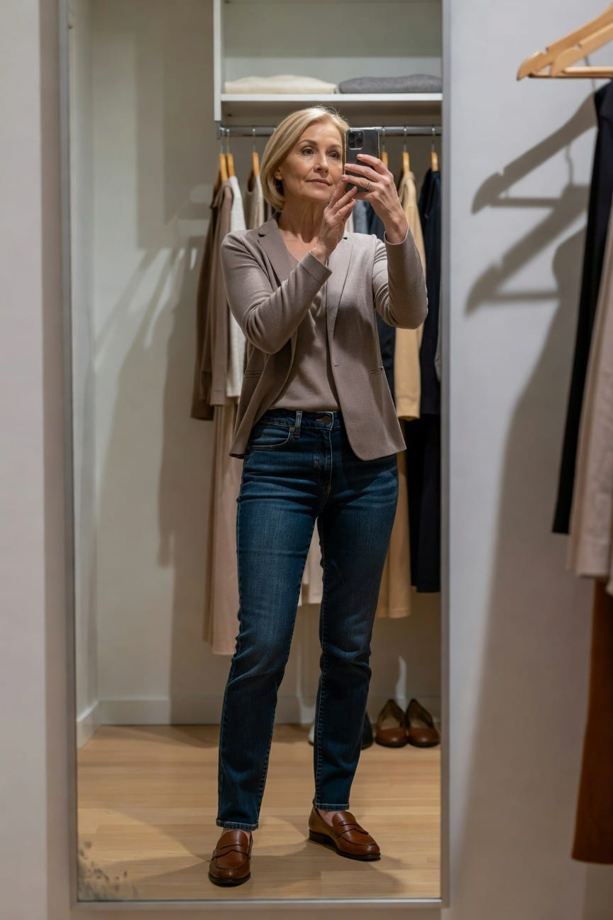 Blonde woman over 50 in taupe open blazer, dark blue straight-leg jeans, and brown loafers, taking a mirror selfie in a walk-in closet with hanging clothes.