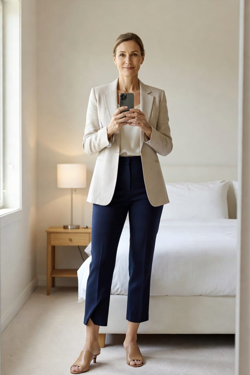 A woman over 50 stands in a beige blazer over a white blouse, navy cropped pants with hem slits, and nude mule heels, holding her phone for a mirror selfie in a bedroom.