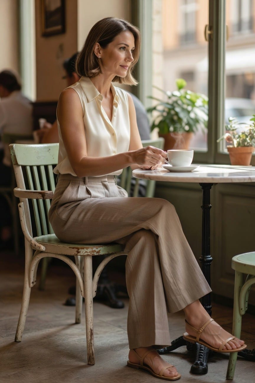 Woman over 50 in cream sleeveless collared blouse tucked into high-waisted beige wide-leg pleated pants, nude strap sandals, small earrings, holding white coffee cup at cafe table