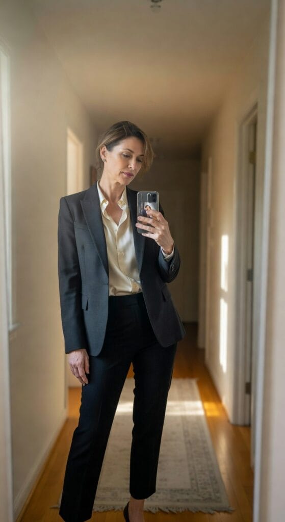 Woman in her 50s taking a mirror selfie in a tailored black blazer over white blouse, black wide-leg ankle pants, and black loafers, standing in a modern hallway