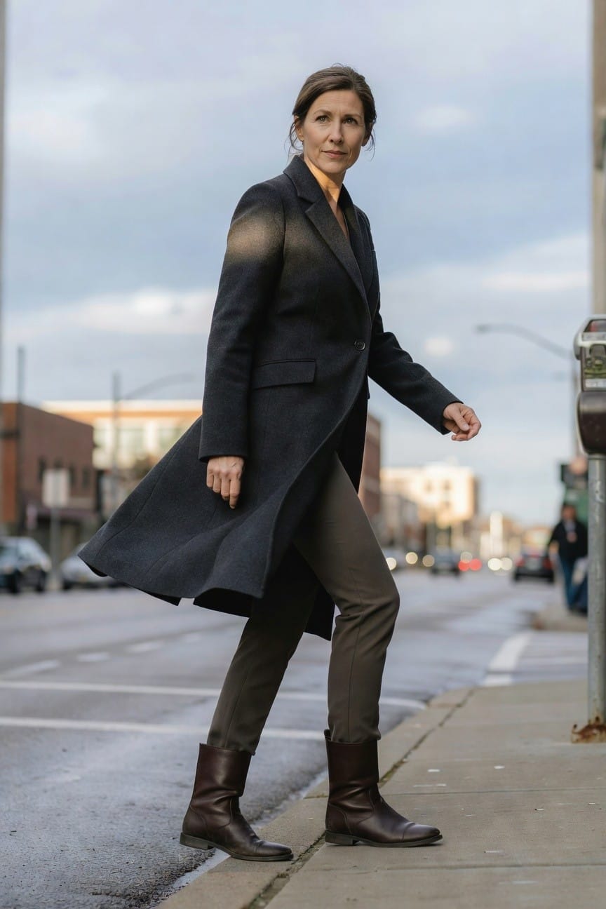 Woman over 50 in long gray wool coat, mustard blouse, slim olive trousers, and tall brown leather boots, walking on urban sidewalk