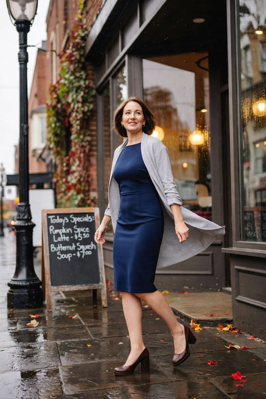 Woman over 50 walking in navy sheath midi dress layered with open gray cardigan, brown chunky heels, on wet pavement near a cafe, smiling confidently