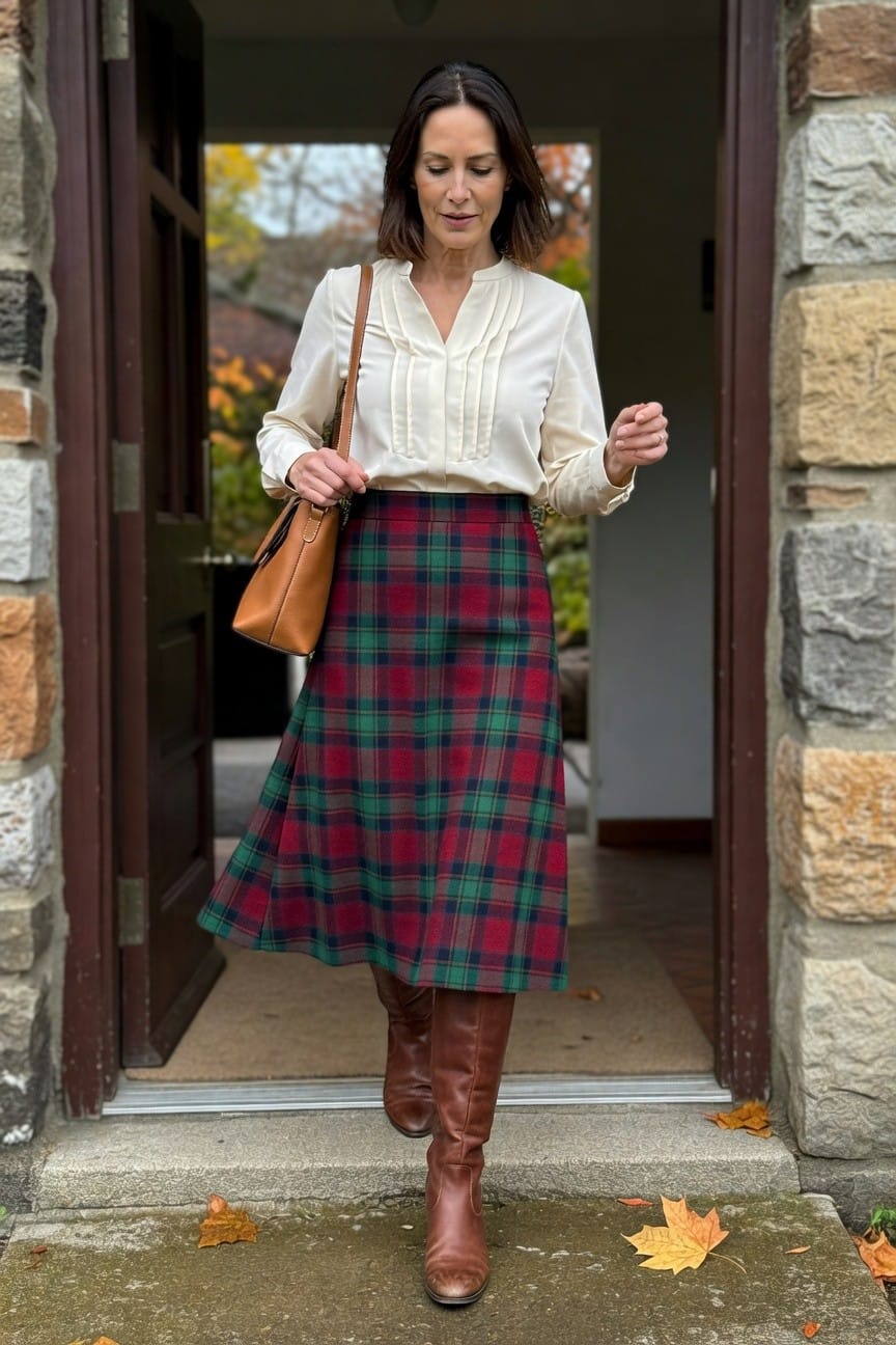 Woman over 50 in cream long-sleeve blouse, red-green-black-white plaid wool skirt, tan leather bag, and brown knee-high riding boots, stepping out a stone doorway.